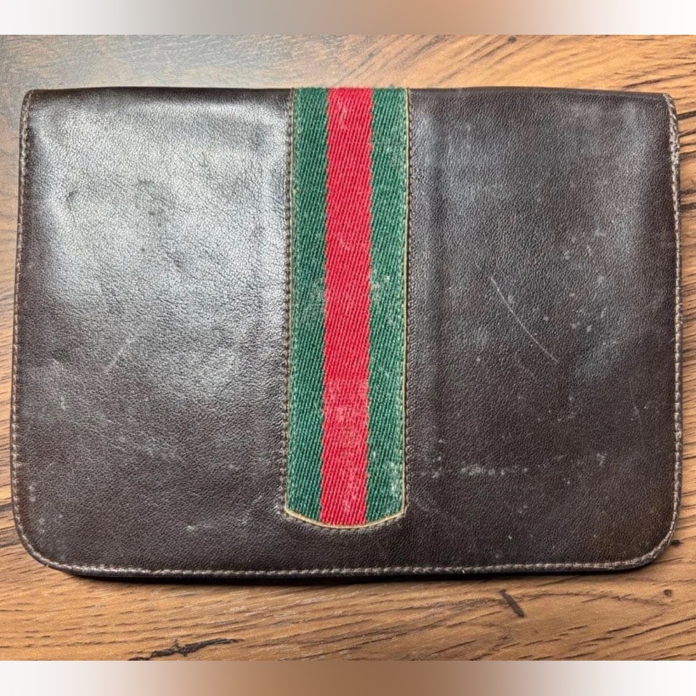 Gucci Brown Leather Clutch with Red and Green Stripe - Picture 2 of 5